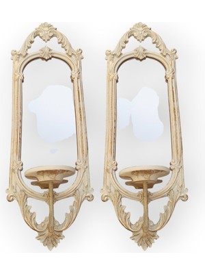 Feyza Design Şık Polyester Ikili Niş Dikdörtgen Aynalı Mumluk Takımı Krem Eskitme