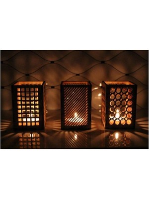 Feyza Design Şık Dekoratif Üçlü Ahşap Mumluk Seti, Evinize Sıcaklık Katacak