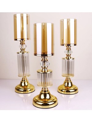 Feyza Design Şık Kristal Taşlı Ayaklı 3'lü Şamdan Seti, Zarif ve Parlak Dekorasyon