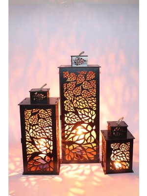 Feyza Design Ahşap Fener Mumluk 3'lü Set, Yaprak Desenli, Şık ve Şık Dekorasyon Parçası