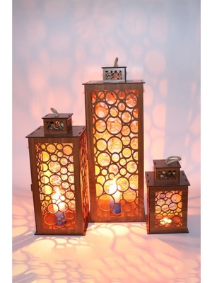 Feyza Design Ahşap Fener Mumluk Seti 3'lü, Baloncuk Model, Şık ve Doğal Dekorasyon.