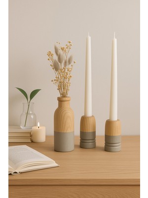 Feyza Design 3’lü Ahşap Vazo ve Şamdan Seti, Yapay Bitki ve Mum Dahil
