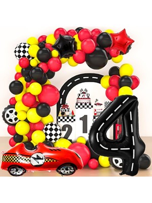 Büyük Retro Kırmızı Yarış Araba Yaş Folyolu 45 Balonlu Lüks Doğum Günü Parti Seti