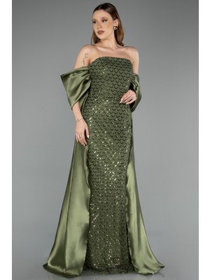 Abiyefon Straplez Boncuklu Saten Kuyruklu Uzun Abiye ABU5234