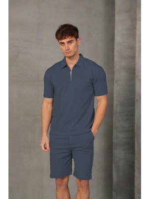 Franco Renzo Yarım Oversize Fermuarlı Erkek Şort Takımı - Füme