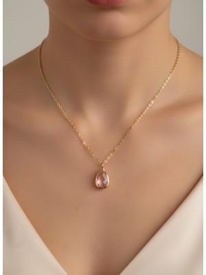 NKT Collection Pembe Taş Detaylı Damla Kolye