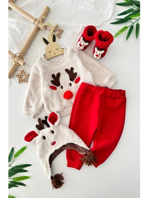 Miniğimin Cicileri Geyik Temalı Welsoft Bebek Unisex Yılbaşı 4 Lü takım - Kırmızı