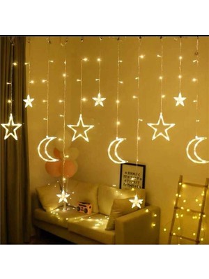Feyza Design Sarı Işıklı Ay Hilal Yıldız Perde Led, Ramazan Bayramı Huzur ve Şıklık