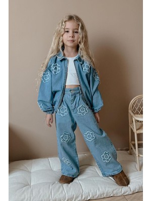 Miniğimin Cicileri Papatya Detaylı Kız Çocuk Kot 2 Li Takım - Koyu Mavi