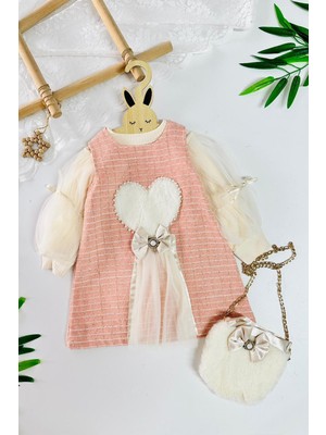 Miniğimin Cicileri Kalp Detaylı Tüllü Kız Çocuk Çantalı elbise - Somon