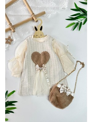 Miniğimin Cicileri Kalp Detaylı Tüllü Kız Çocuk Çantalı elbise - Krem