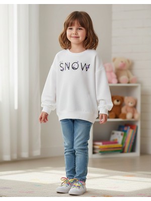 Nk Kids Kız Çocuk Snow Dijital Baskılı Ekru Sweatshirt – Pamuklu Rahat Kumaş