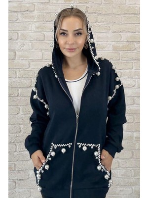 Muna Boutique Lacivert Boncuk Detaylı Önden Fermuarlı Kapüşonlu Kadın Hırka