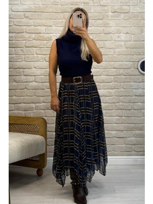 Muna Boutique Asimetrik Kesim Desenli Lacivert Uzun Etek