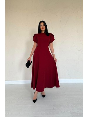 Bosel Bordo Arkası Fiyonk Garnili Britli Elbise