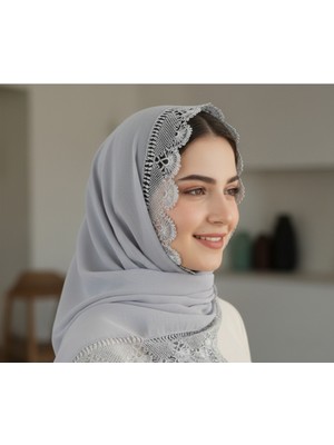 Arzum Çeyiz El Işi Iğne Oyası Mevlüt Başörtüsü 140 * 70 cm Boyutunda - Gri Gelin Tacı Model