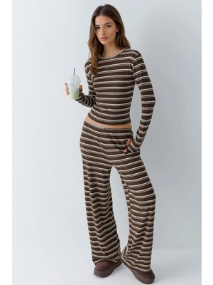 Hiccup Kadın Çizgili Geniş Paça Iki Parçalı Eşofman Takımı Kunduz Kahverengisi