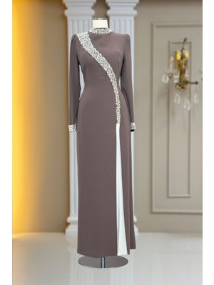 Amine Hüma Inci Abiye Elbise Vizon