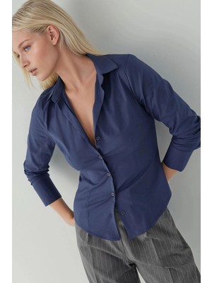 Hiccup Kadın Şık Uzun Kollu Düğmeli Gömlek Lacivert