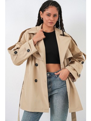 Hiccup Kadın Bdart Kruvaze Yaka Düğmeli Trençkot Bej Doğal