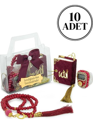 İhvan Online 10 Adet Isme Özel Çantalı Mevlüt Hediyelik - Zikirmatik Tesbih Mini Kuranı Kerim Seti - Bordo