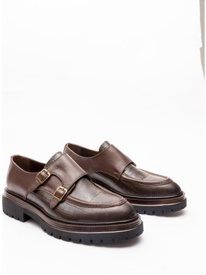 621 Erkek Kahve Çift Tokalı Kroko Desenli Kalın Taban Deri Loafer