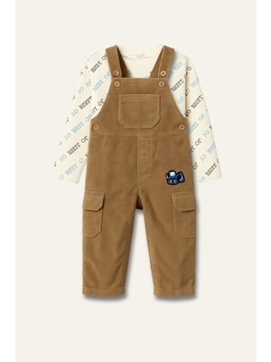 Mininio Erkek Bebek Kadife Salopet ve T-Shirt Ikili Takım - Bej