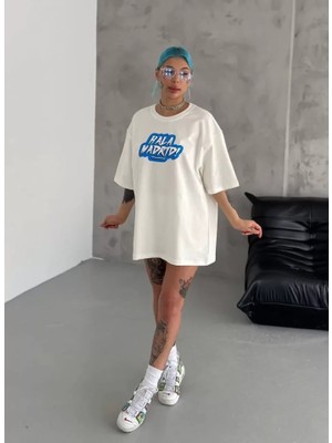 Bosel Unisex Bisiklet Yaka Baskılı Oversize T-Shirt - Beyaz