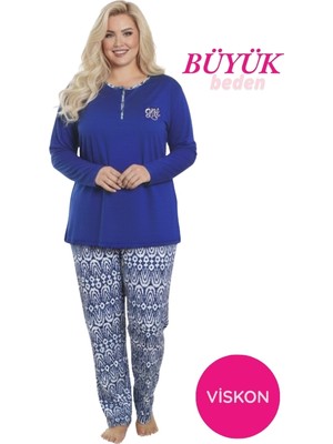 Alimer Kadın Lacivert Etnik Desen 3 Düğmeli Likralı Viskon Mevsimlik Uzun Kol Pijama Takımı