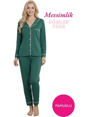 Guava Kadın Ördek Yeşili Mevsimlik Pamuk Likra Göğüs Cepli Boydan Düğmeli Gömlek Yaka Uzun Kol Pijama Takımı