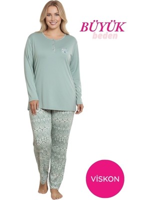 Alimer Kadın Yeşil Etnik Desen 3 Düğmeli Likralı Viskon Mevsimlik Uzun Kol Pijama Takımı