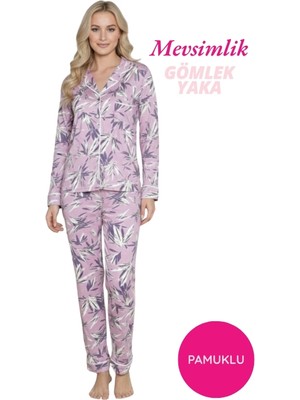 Guava Kadın Lila Mevsimlik Pamuk Likra Göğüs Cepli Boydan Önden Düğmeli Gömlek Yaka Uzun Kol Pijama Takımı