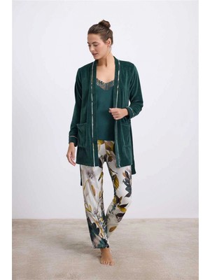 Marsilyan Anıl Kadın Kadife Sabahlık, Dantelli Atlet ve Desenli Pantolon Pijama Takım 11554