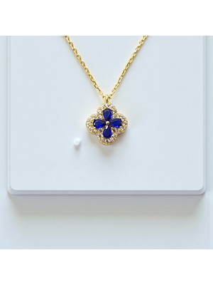 Nova Grup Yonca Figürlü Mavi Taşlı 14 Ayar Altın Kolye