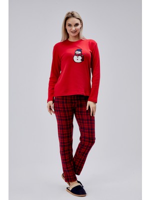Moon Cover Mooncover Kadın Kardan Adam Nakışlı Yılbaşı Pijama Takımı – Sevgili Kombini, Kırmızı