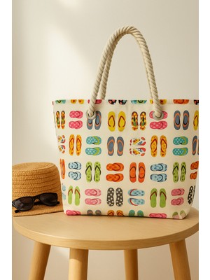 Plaj Terliği Desenli Büyük Boy Piknik ve Plaj Çantası –  Halat Saplı – 55X36X15 cm