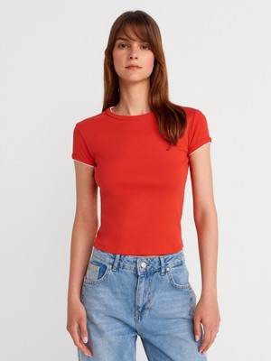 Dilvin 31750 %100 Pamuk Kontrast Kısa Kollu T-Shirt-Kırmızı