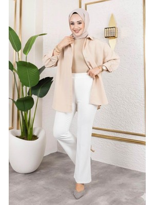 Tesettür Diyarı Likralı Krep Kumaş Ispanyol Paça Pantolon-Beyaz