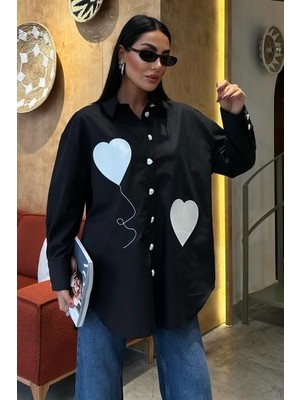 Yaman Market Kalp Nakışlı ve Düğme Detaylı Oversize Gömlek 3430