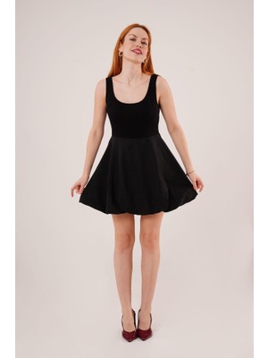 Yaman Market Kalın Askılı Balon Etek Siyah Mini Elbise