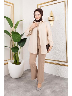 Tesettür Diyarı Likralı Krep Kumaş Ispanyol Paça Pantolon-Bej