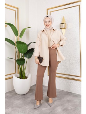 Tesettür Diyarı Likralı Krep Kumaş Ispanyol Paça Pantolon-Camel