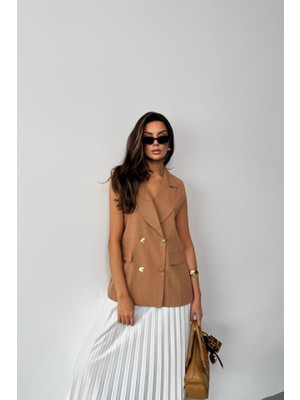 Yaman Market Gold Düğmeli Keten Yelek - Kahverengi
