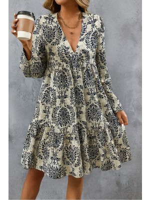 Yaman Market Kadın Uzun Kollu V Yakalı Fırfırlı Mini Süprem Elbise