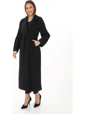 Yaman Market Uzun Kaşe Kaban – Yünlü Dokuma Kaşmir Kumaş, Kruvaze Yaka, Kuşaklı Astarlı Tesettür Uyumlu Şık Kışlık Siyah Model - Siyah