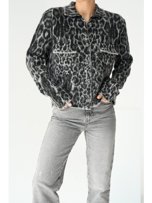 Yaman Market Leopar Desen Jakarlı Hırka - Siyah-Açık Gri