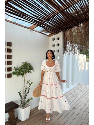 Yaman Market Nar Çiçeği Dantel Detaylı Brode Elbise