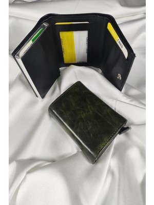 Leaf Accessory Mekanizmalı Unisex  Kartlık Haki Mermer Desenli, 1. Sınıf Vinlex Deri Kaplamalı, Çıtçıt Kapaklı, Şeffaf Ehliyet ve Kimlik Koyma Gözlü, Rfıd Korumalı