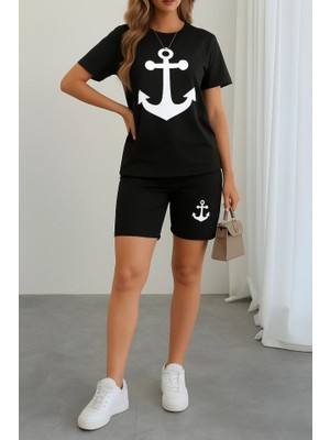 Yaman Market Kadın Kısa Kollu Çapa Baskılı Viskon Ikili Takım