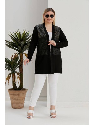 Wearon Kadın Kristal Kumaş Omuzları Leopar Desen Detaylı Üst Düzey Büyük Beden Hırka